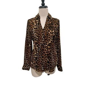 Express Womens Leopard Print Button Front Long Sleeve Blouse Tan Brown XS